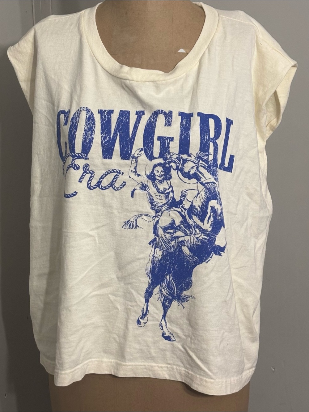 American Apparel Off-White Tank Top with Blue Cowgirl Graphic